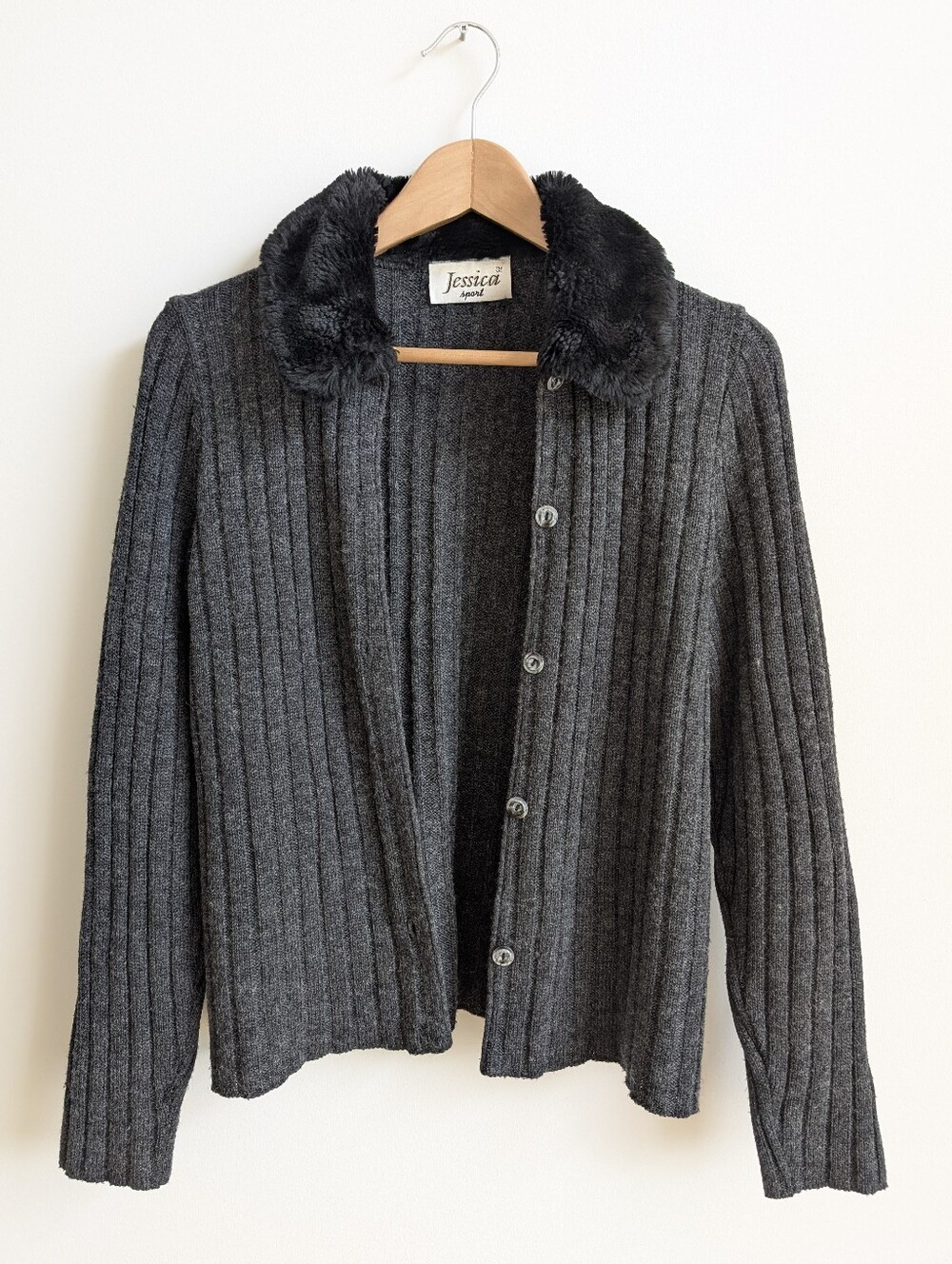 Dark Grey Ribbed Knit Cardigan Sweater Faux Fur Black Collar Approx XS